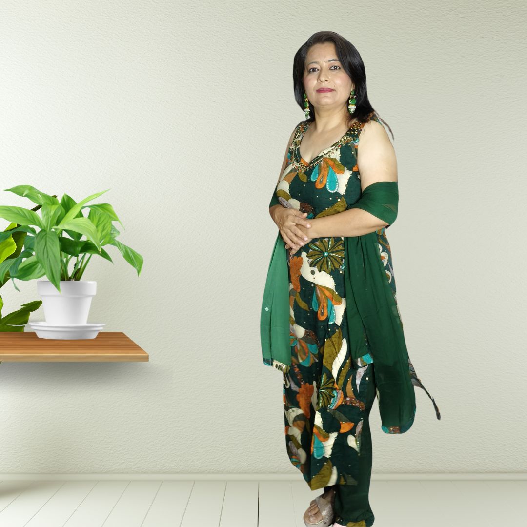 Forest Bloom – Rayon Cotton Printed Suit Set (Attachable Sleeves)