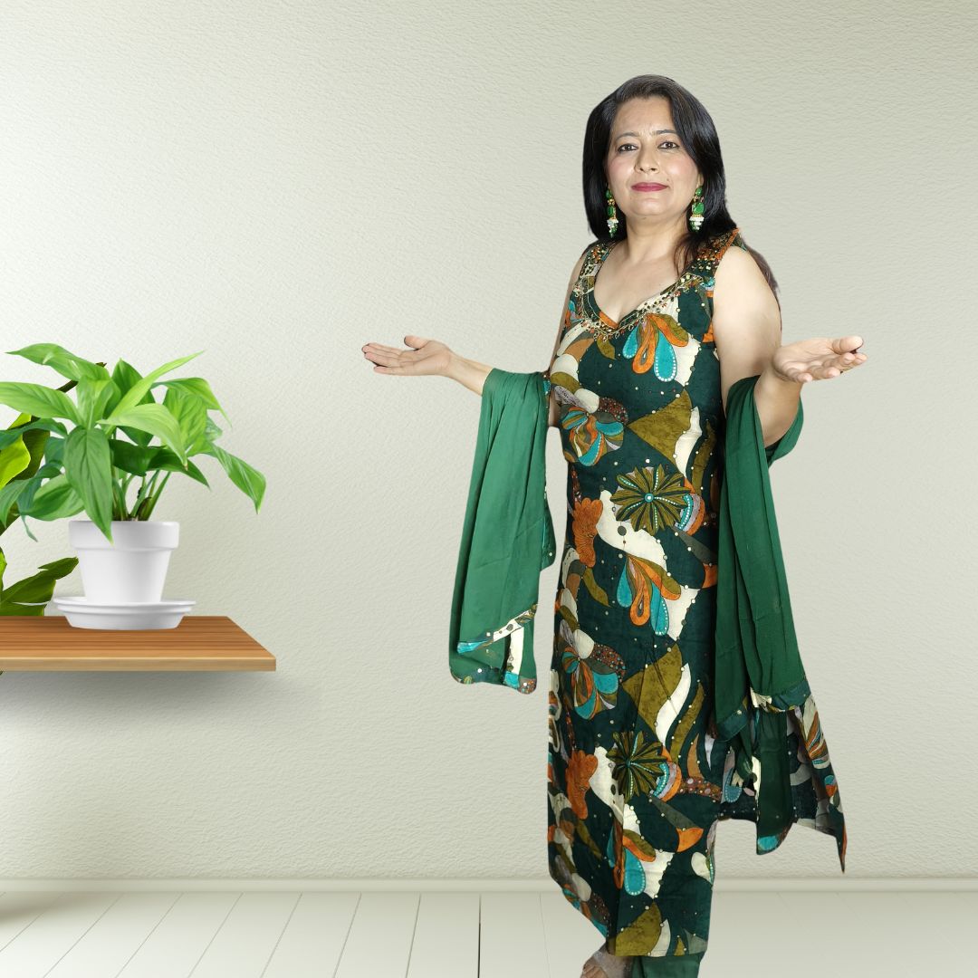 Forest Bloom – Rayon Cotton Printed Suit Set (Attachable Sleeves)