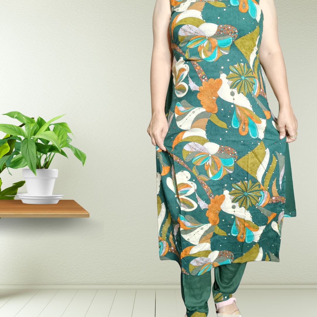 Forest Bloom – Rayon Cotton Printed Suit Set (Attachable Sleeves)
