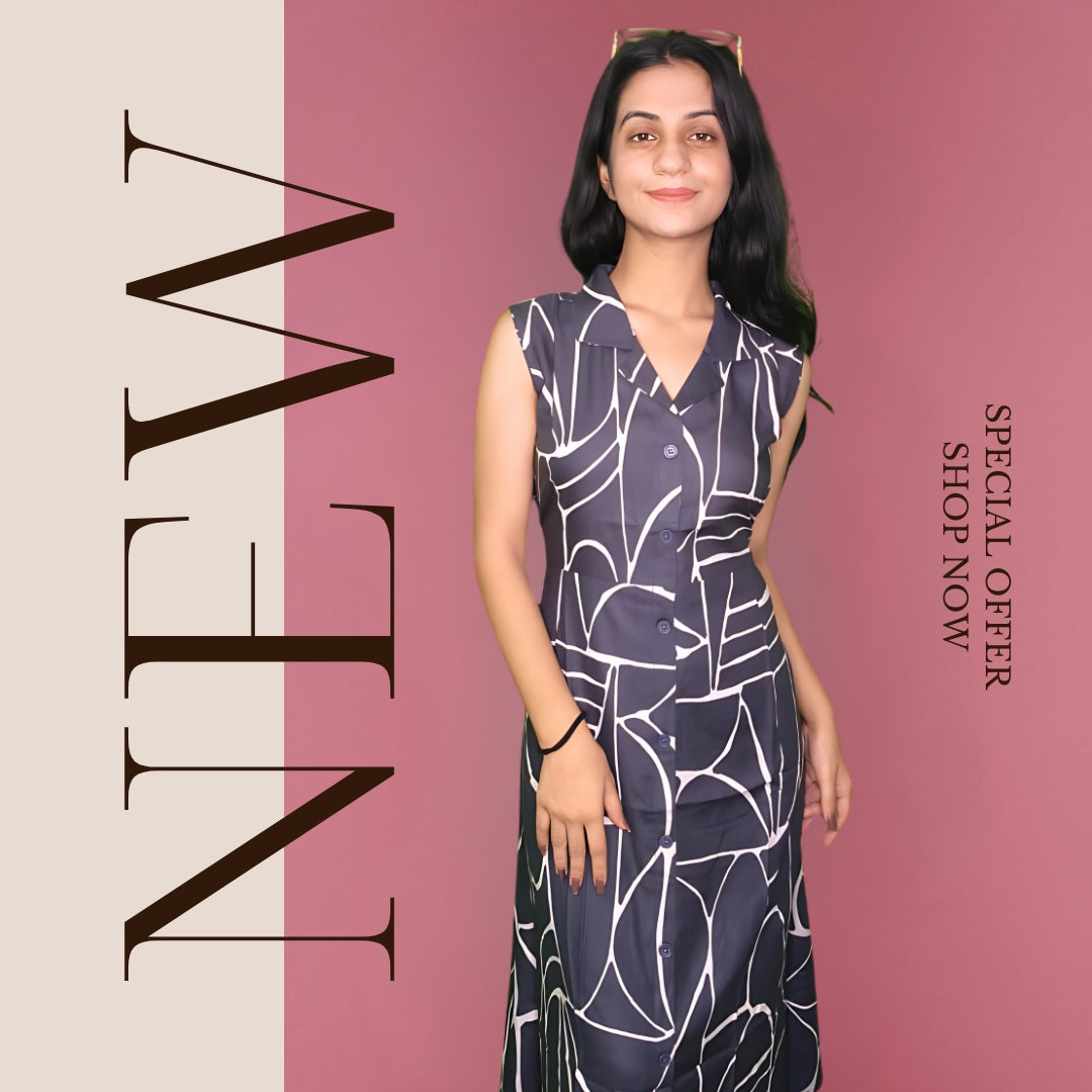 Grey Midi Dress Sleeveless Digital Print