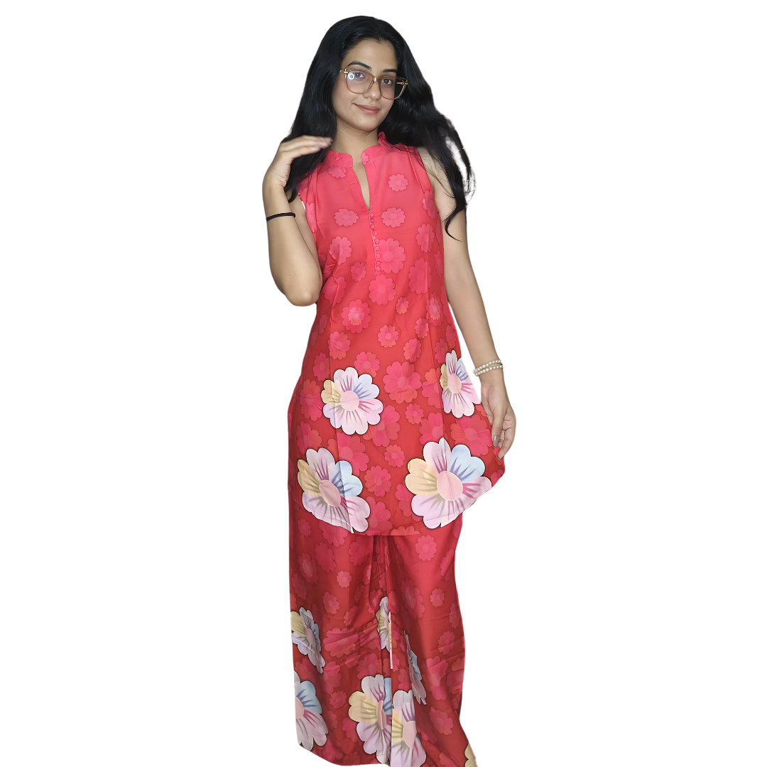 🌺 Vibrant Red Cotton Co-ord Set – Digital Print