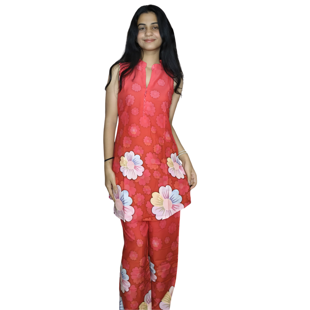 🌺 Vibrant Red Cotton Co-ord Set – Digital Print