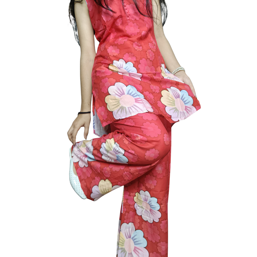 🌺 Vibrant Red Cotton Co-ord Set – Digital Print