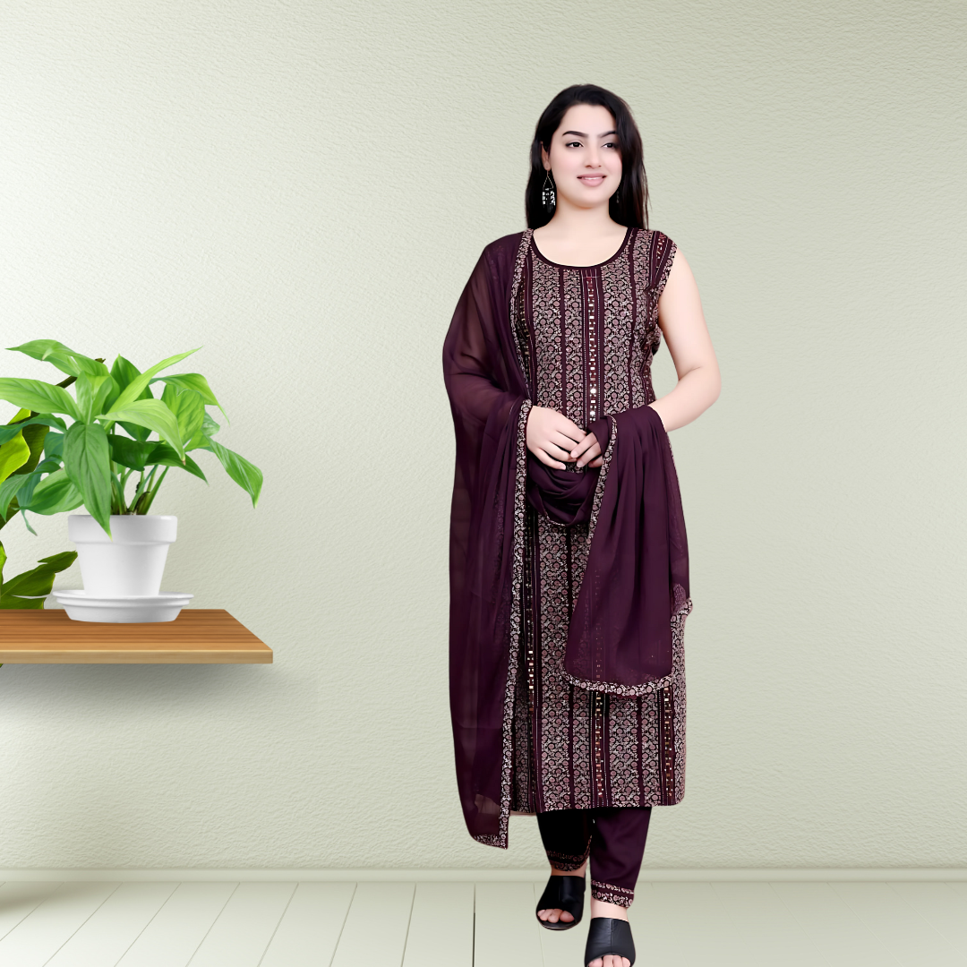 Royal Wine – Plus Size Rayon Cotton Printed Suit Set (Attachable Sleeves)