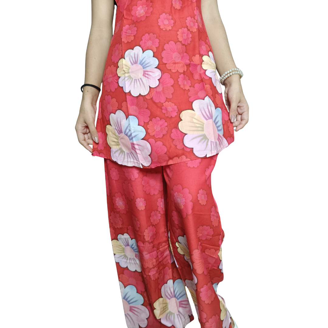 🌺 Vibrant Red Cotton Co-ord Set – Digital Print