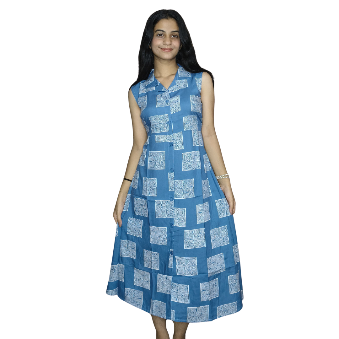 Light Blue Rayon Cotton Midi – Digital Print