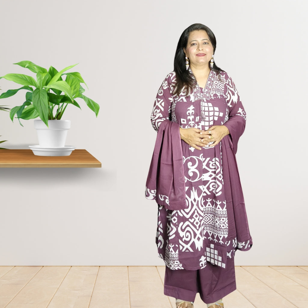 Purple Cotton Suit Set with Embroidery & Plazo (Full-Length)
