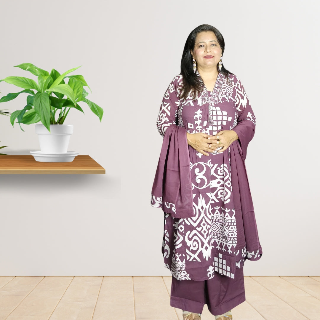 Purple Cotton Suit Set with Embroidery & Plazo (Full-Length)