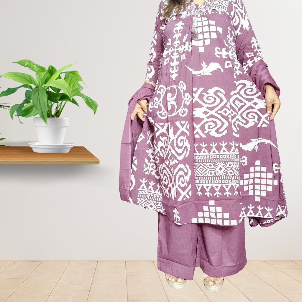 Purple Cotton Suit Set with Embroidery & Plazo (Full-Length)