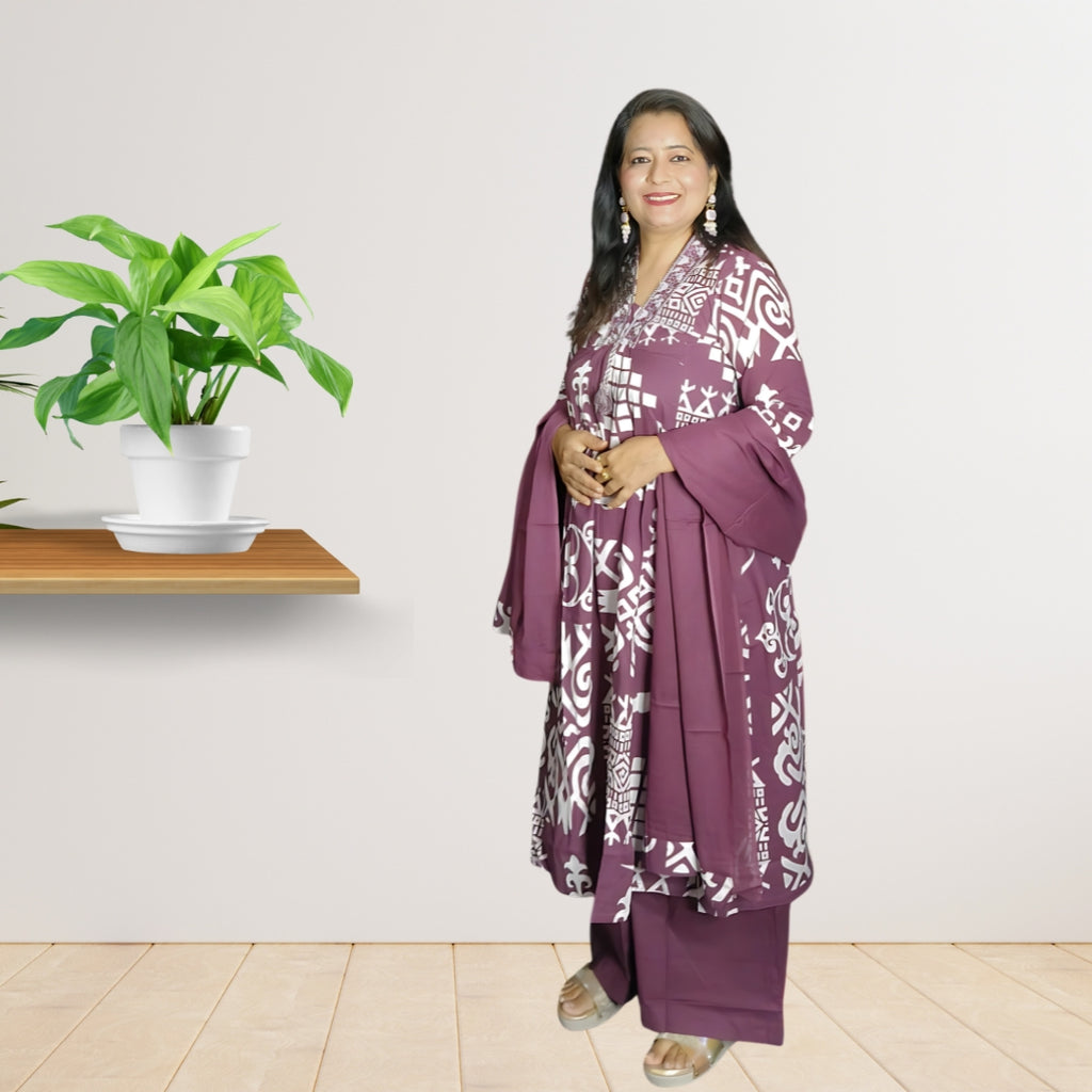 Purple Cotton Suit Set with Embroidery & Plazo (Full-Length)