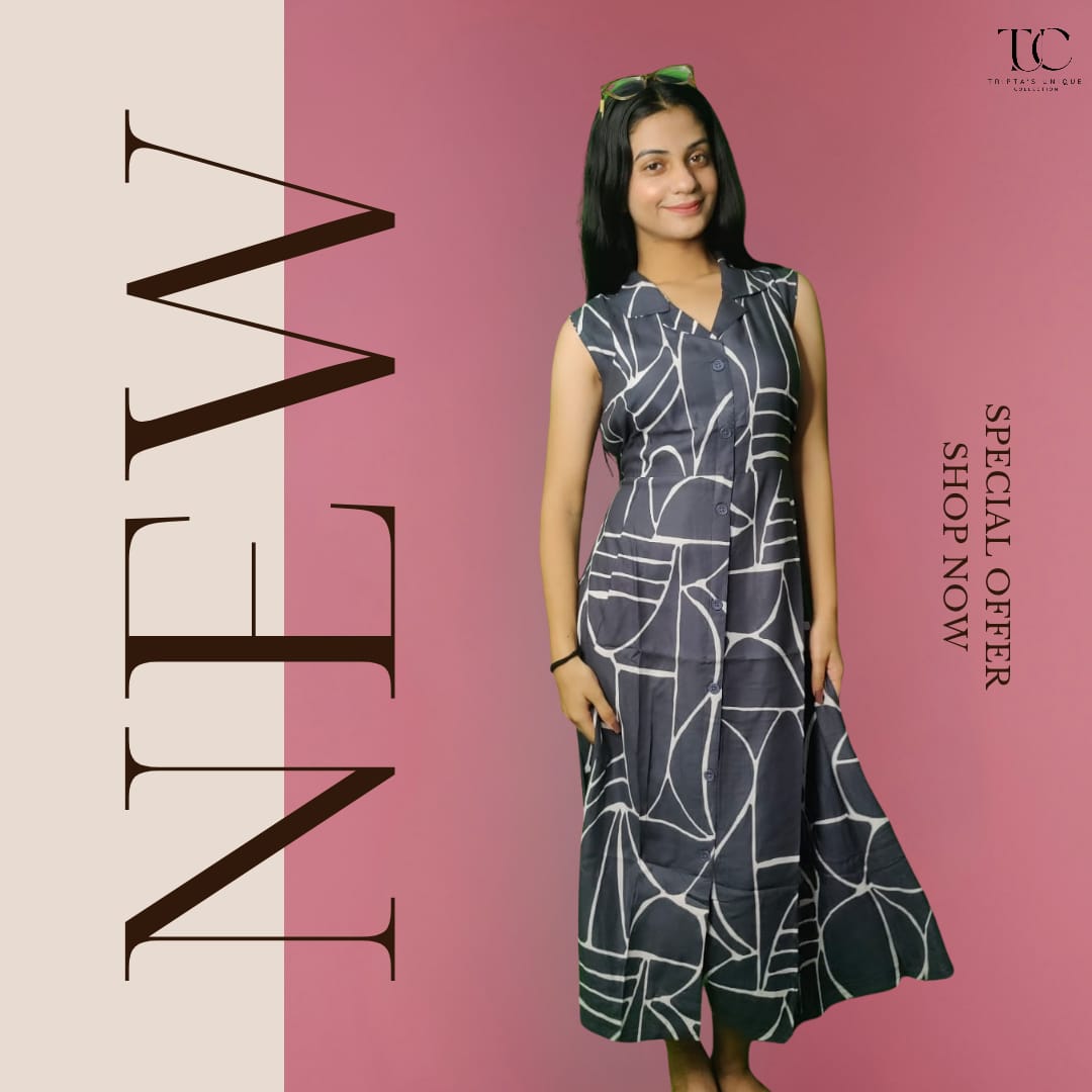 Grey Midi Dress Sleeveless Digital Print